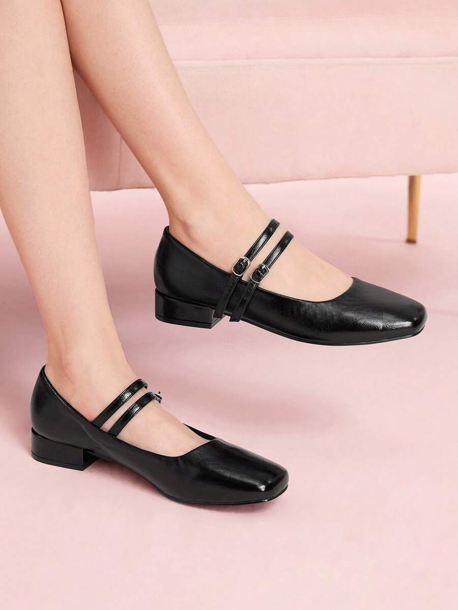 CUCCOO DOLLMOD Bombas de Salto Curto Grosso Estilo Mary Jane Vinho Tinto Femininas para Uso Casual Diário, Trabalho de Escritório, Festa, Transporte, BORDÔ, Sapatos de Primavera, Primavera, Páscoa, Natal - Preto - Visão 1