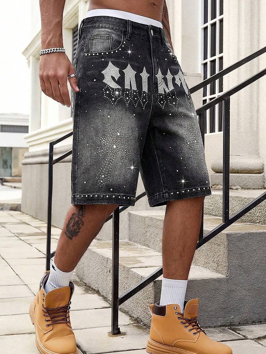 ROMWE MEN Street Life Men's Fashion Rhinestone Embroidered Denim Shorts, Versatile For Summer - Black - View 1