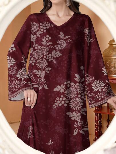 Al Najma Vintage Paisley Ditsy Floral V-Neck Long Sleeve Maxi Dress, Women's Spring/Summer Long Floral Dress, Elegant Arabic Style