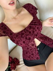 DAZY 女士优雅花卉植绒网纱开衩上衣，夏季 - 紅色 - 查看 6