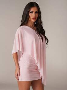 SHEIN BAE Spring & Summer Women Casual Vacation Solid Color Pink Asymmetric-Shoulder Asymmetric Ruffle Shawl Matching Mini Bodycon Dress, Elegant Sexy Vacation Dress, Sisters Casual Outdoor Dress, Beach, Vacation, Pink Dress, Wedding Pink Dress, Elegant Sexy Pink Dress ,Summer Dress,Spring Dresses For Women - Baby Pink - View 7