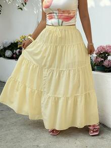 SHEIN EZwear Váy xếp tầng bèo nhún kẻ sọc eo buộc dây dành cho nữ cỡ lớn, thích hợp cho kỳ nghỉ, kiểu dáng thường ngày. - Vàng nhạt - Xem 7