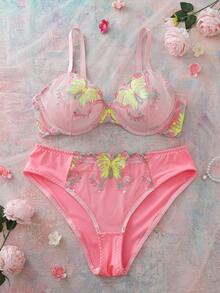 Elorette Conjunto de lencería de seda de leche con bordado de mariposa de dos colores para mujer de talla grande - Multicolor - Ver 6