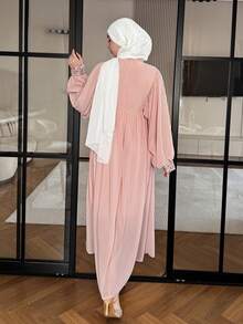 DAZY 女士优雅亮片拼接荷叶边花瓣袖中长连衣裙，夏季 - 淺粉色 - 查看 2