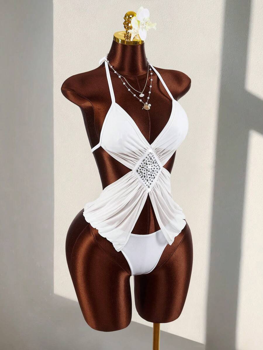 Amplova 2026 Low-Cut Hollow-Out Sexy Bodysuit For Women - White - View 1