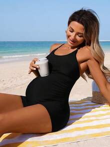 Swim Vcay 26SS 黑色休闲孕妇连体泳衣，适合海滩度假 - 黑色 - 查看 5