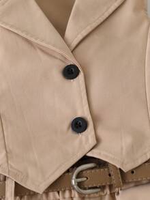 Elladie kids 夏季女童卡其色休閒兩件套，蝴蝶結前襟無袖上衣搭配寬腿長褲，V領前開鈕扣童裝，適合返校正式場合 - 卡其色 - 查看 9