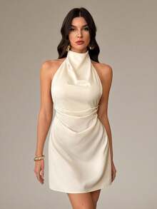 SHEIN Tall Vestido mini plisado con espalda descubierta y lazo en color albaricoque para mujer - Albaricoque - Ver 3