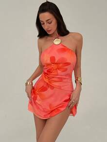 Aloruh Đầm ngắn cổ yếm in hoa dành cho nữ, thích hợp cho kỳ nghỉ, hẹn hò, đi chơi. - Hồng - Xem 2