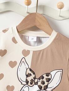 一套女童可爱兔耳豹纹圆领短袖T恤和豹纹打底裤套装，豹纹T恤套装，卡通兔子印花服装 - 杏色 - 查看 5