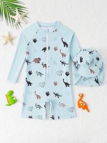 SHEIN Young Boy Dinosaur Print Zip-Up Long Sleeve Rash Guard Swimsuit Set With Hat - Multicolor - View 3