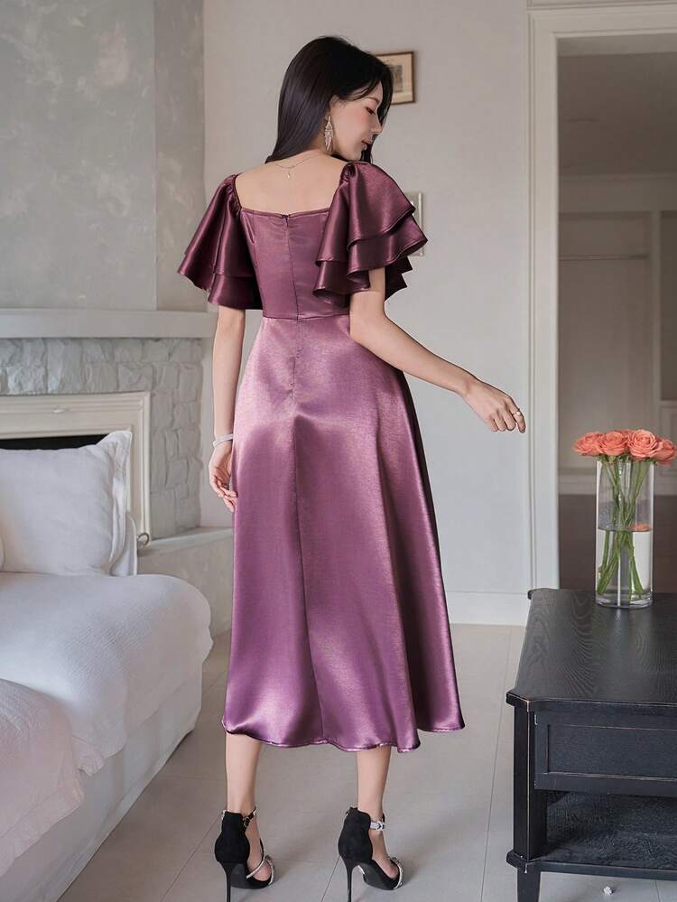 Women's Elegant Solid Color Square Neck Ruffle Sleeve Dress, Summer Wedding Guest Dress Sundress
