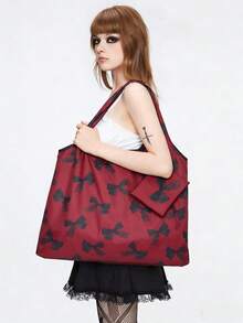 ROMWE Kawaii Bolsa de almacenamiento con estampado de lazos en todo el diseño, bolsa de compras plegable de gran capacidad y portátil con monedero - Rojo - Ver 6
