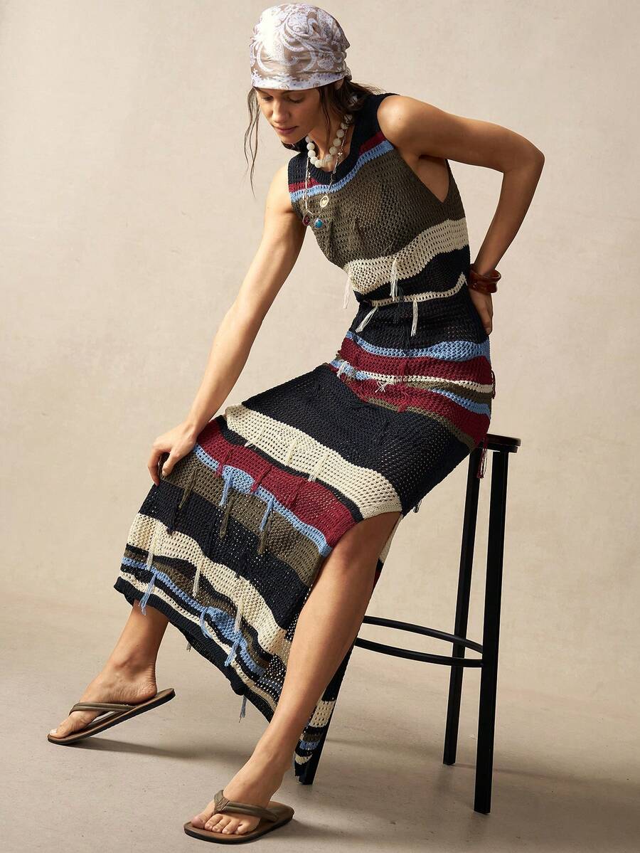 Bohemela Women Striped Round Neck Sleeveless Side Slit Hem Knitted Dress - Multicolor - View 1