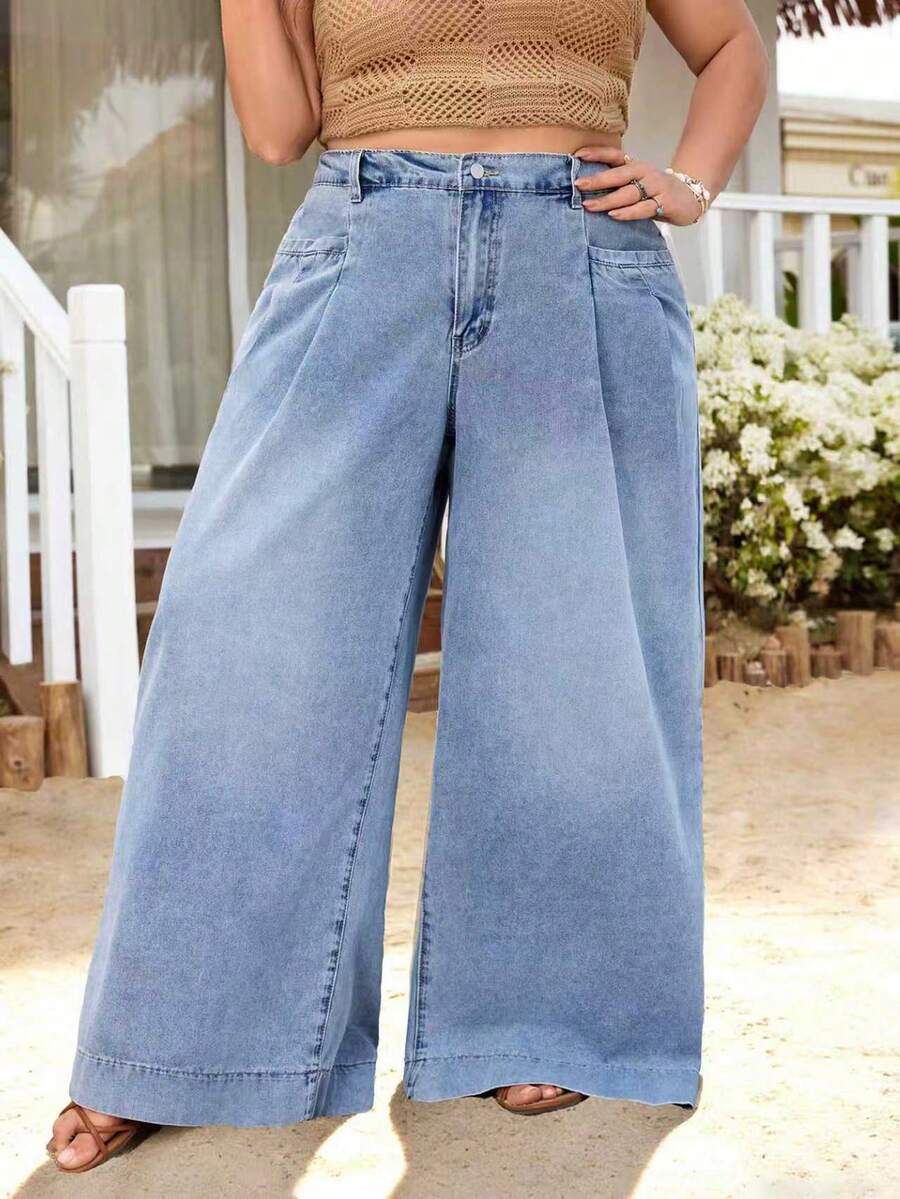 EMERY ROSE Plus Size Women's Spring/Summer Pocketed Button Pleated Loose Fit Casual Denim Wide Leg Pants Summer - Medium Wash - View 1