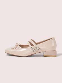 CUCCOO DOLLMOD Ladies Square Toe Elegant Classic Vintage Glossy Bow Decoration Double Belt Mary Jane Flats - nude - View 7