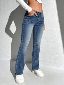 SHEIN ICON Women's Ombre Slant Pocket Casual Slim Fit Flare Leg Jeans - Blue - View 3