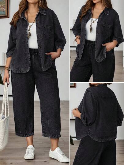 EMERY ROSE Plus Size Women's Casual Vacation Fashion Street Loose Fit Drop Shoulder Denim Shirt, Suitable For Spring & Autumn