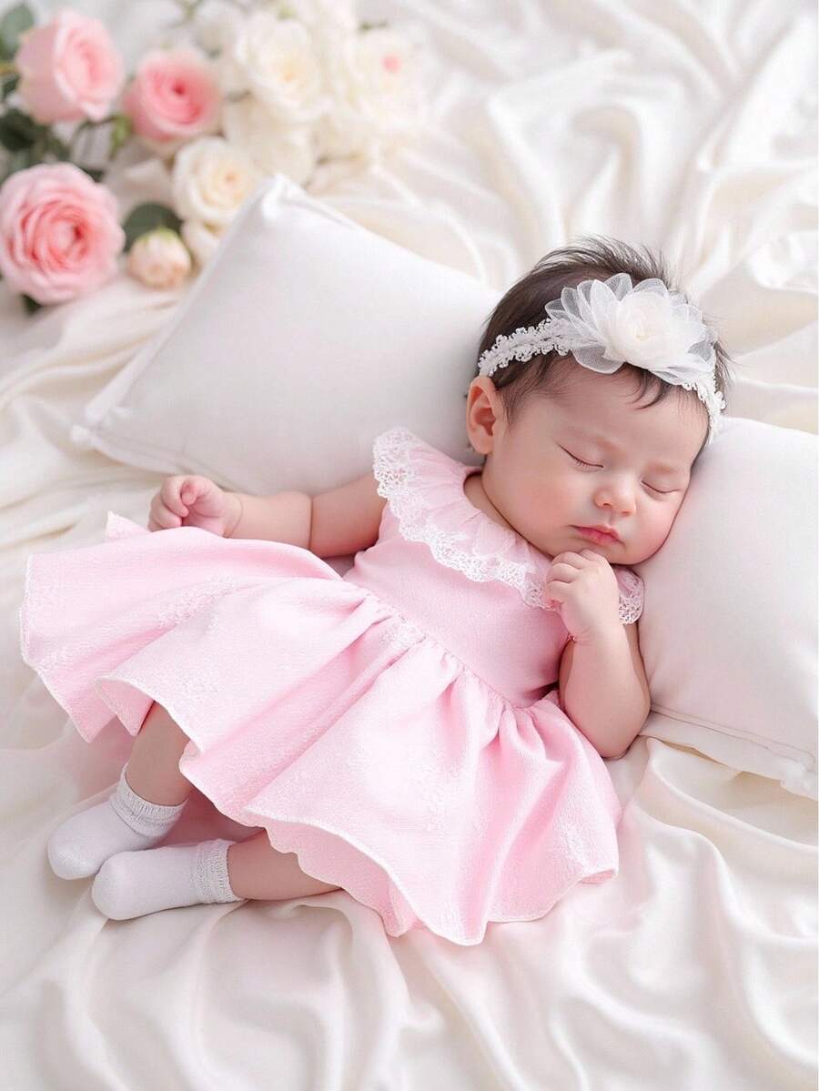 SHEIN Newborn Baby Girl Lace Collar Sleeveless Lightweight Mesh Dress, Suitable For 100-Day Celebration, Family Photos, And Attending Weddings, Spring/Summer Newborn Pink Dress Pink Ruffle Newborn Clothes Luxury Dress For Newborn Baby Girl Pink Dress - Pink - View 1