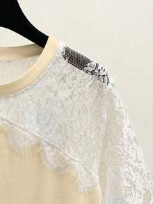 EMERY ROSE Plus Size Women Lace Patchwork Casual T-Shirt, Commuting & Leisure Wear - Apricot - View 4