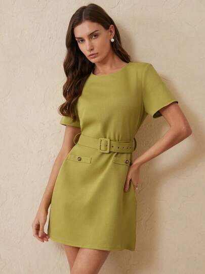 Aveloria Rosie 新款时尚休闲短袖圆领系带直筒迷你连衣裙