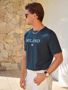 Manfinity CityGents T-shirt D'été À Manches Courtes Imprimé De Lettres Et De Chiffres Pour Homme - Vert sapin - Voir 4