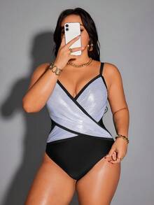 Plus Size Women Patchwork One-Piece Swimsuit, Casual Beach & Pool Wear - Black and White - View 6