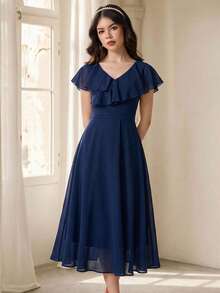 Pitira Kids Elegant Blue Midi Dress Blue Dresses Classy Elegant Navy Blue Formal Dress Dark Blue Dress Ruffle Sleeve Blue Dress - Royal Blue - View 1