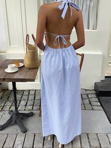 SHEIN Tall Blue & White Striped Cotton Fabric Deep V-Neck Halter Backless A-Line Maxi Dress, Tall Women Spring/Summer Commute Vacation Beach Romantic Minimalist Casual Versatile - Blue - View 2