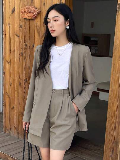 DAZY 女士纯色长袖开襟外套和短裤休闲两件套夏季家居服套装