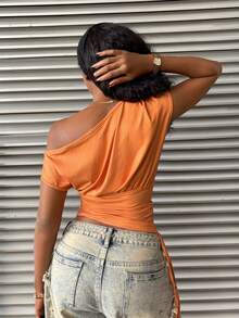 StreetHx Áo thun nữ kiểu dáng thường ngày màu cam in số, vai lệch, - trái cam - Xem 2