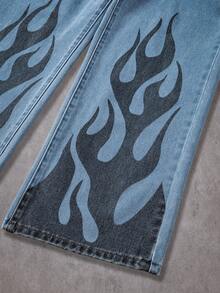 Manfinity Denimwave Men's American Hip Hop Street Style Flame Print Straight Leg Loose Fit Jeans - Light Wash - View 3