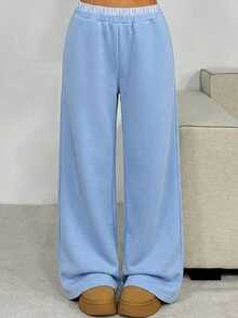 SHEIN Tween Girls' Loose Casual Contrast Trim Waist Wide Leg Pants, Comfortable - Baby Blue - View 3