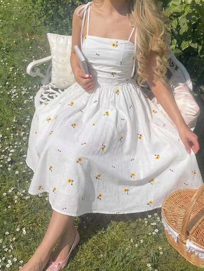 SHEIN MOD Women's White Romantic Embroidered Dress, ,Tea Party Dress,Spring/Summer Outfits,Dinner Dress,Prom Dress,Birthday Dress,Summer Dress,Party Dress,Wedding Guest Dress For Women,Elegant Dresses,Satin Dress,White Dress,Vacation Dress,White Formal Evening Gown,Jacquard Fabric Dress Daisy Dress Women Picnic Dress Spring Sundress White Sun Dress Milkmaid Dress