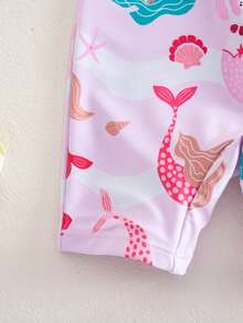 SHEIN 女婴美人鱼印花连体泳衣，海滩度假 - 粉色 - 查看 5