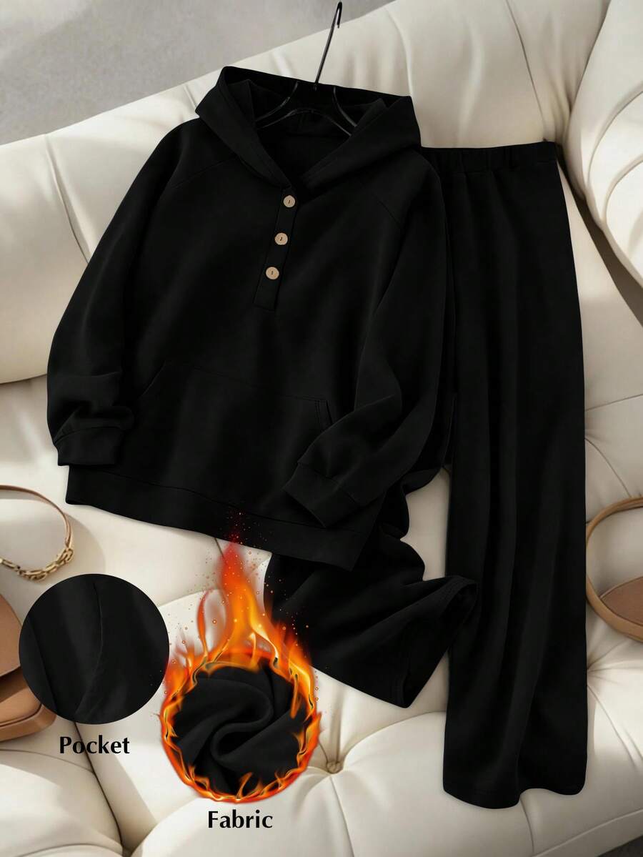 GlowEve CURVE Plus Size Women's Solid Color Button Half-Placket Hooded Sweatshirt And Pants Casual 2-Piece Set - Black - View 1