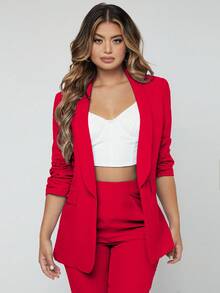 EURMUSE Shawl Collar Open Front Blazer & Pants - Hot Pink - View 5