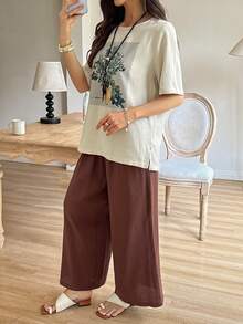 Vivie Lora Women's Floral Print Round Neck Short Sleeve Top And Pants Casual 2-Piece Set Summer Lounge Sets For Women - Apricot - View 7