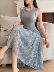 DAZY Vestido de verano elegante con parches de malla y lentejuelas - Gris azul - Ver 1