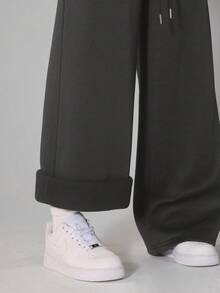 SHEIN PETITE 休閒寬鬆前綁帶運動長褲，適合日常穿著、返校季、春夏，適合嬌小女性 - 深灰色 - 查看 10