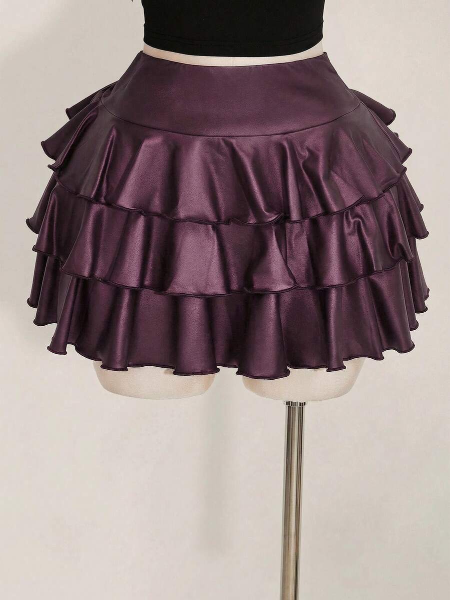 SHEIN ICON Rok Mini Skater Kasual Serbaguna Warna Polos untuk Wanita Ukuran Plus, Cocok untuk Kencan dan Jalan-jalan - Red Violet - View 1