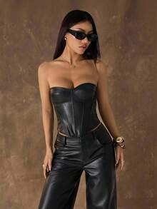 SHEIN PETITE 女款棕色時尚派對 PU 抹胸短版上衣，皮革束腰上衣，適合夜店、冬季、萬聖節、聖誕節、新年，夏季，小碼女款 - 黑色 - 查看 4