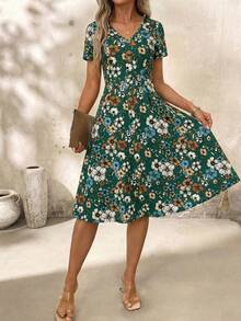 SHEIN Clasi V-Neck Button Red Polka Dot Waist Cinched Women Dress,Spring Clothes,Valentine Day Dress - Dark Green - View 5
