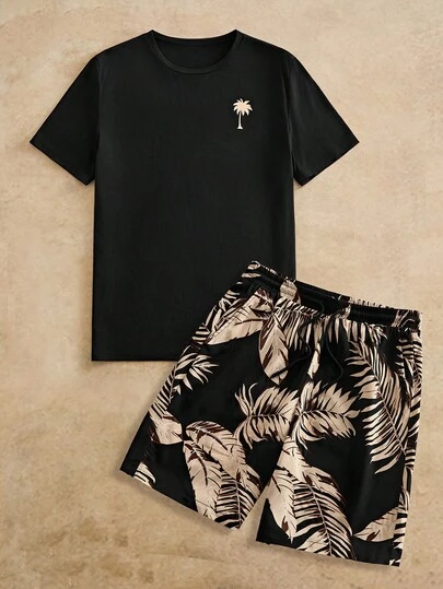 HIMLAND Herren Palmenbaum Muster Rundhals Kurzarm T-Shirt und Shorts Lässig Set