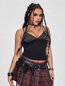 ROMWE Grunge Punk Áo kiểu nữ cỡ lớn gợi cảm phong cách Punk tối màu với đinh tán và các mảng vải ghép lại. - màu đen - Xem 8