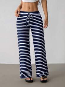 SHEIN PETITE Women's Low Waist Striped Brushed Drawstring Yoga Loose Pants For Home - Navy Blue - View 5