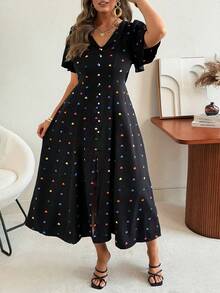 Elenzga Plus Size Multicolor Heart Print A Line Dress V Neck Half Puff Sleeve Casual Long Dress - Multicolor - View 5