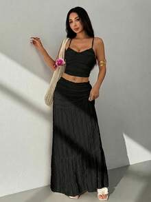 SHEIN PETITE 女士纯色荷叶边吊带上衣和迷你裙休闲度假两件套女装夏季波西米亚风两件套裙装白色连衣裙女士迷你连衣裙 - 黑色 - 查看 6