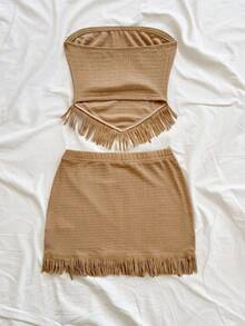Soleia 女士度假两件套：纹理针织流苏抹胸上衣 + 纹理针织流苏迷你裙，休闲装扮，适合度假、约会、下午茶、海滩、邮轮、城市旅行、音乐节、派对、波西米亚风、嬉皮风、西部风、日常通勤等场合。 - 卡其色 - 查看 2