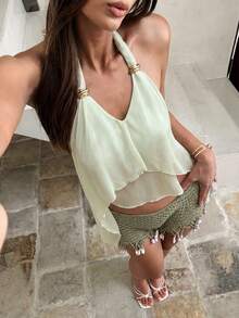 Aloruh 女士优雅系带露背宽松纯色金属扣装饰夏季上衣 - 綠色 - 查看 4